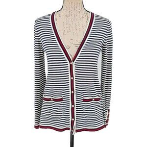 Talbots x Oprah Cardigan Sweater Petite Black White Stripe Nautical Resort